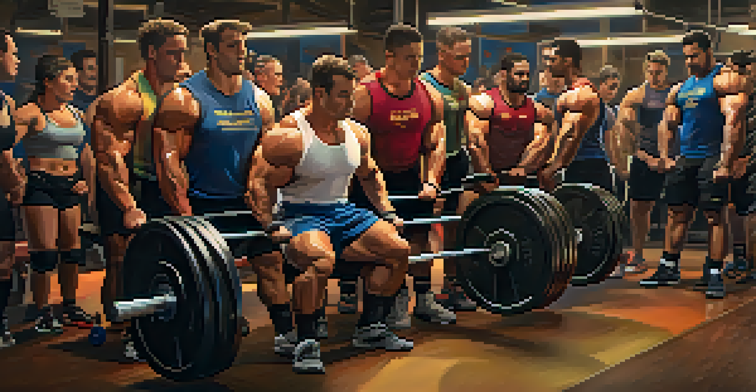 A group of powerlifters training together, supporting each other during a bench press session in a gym.
