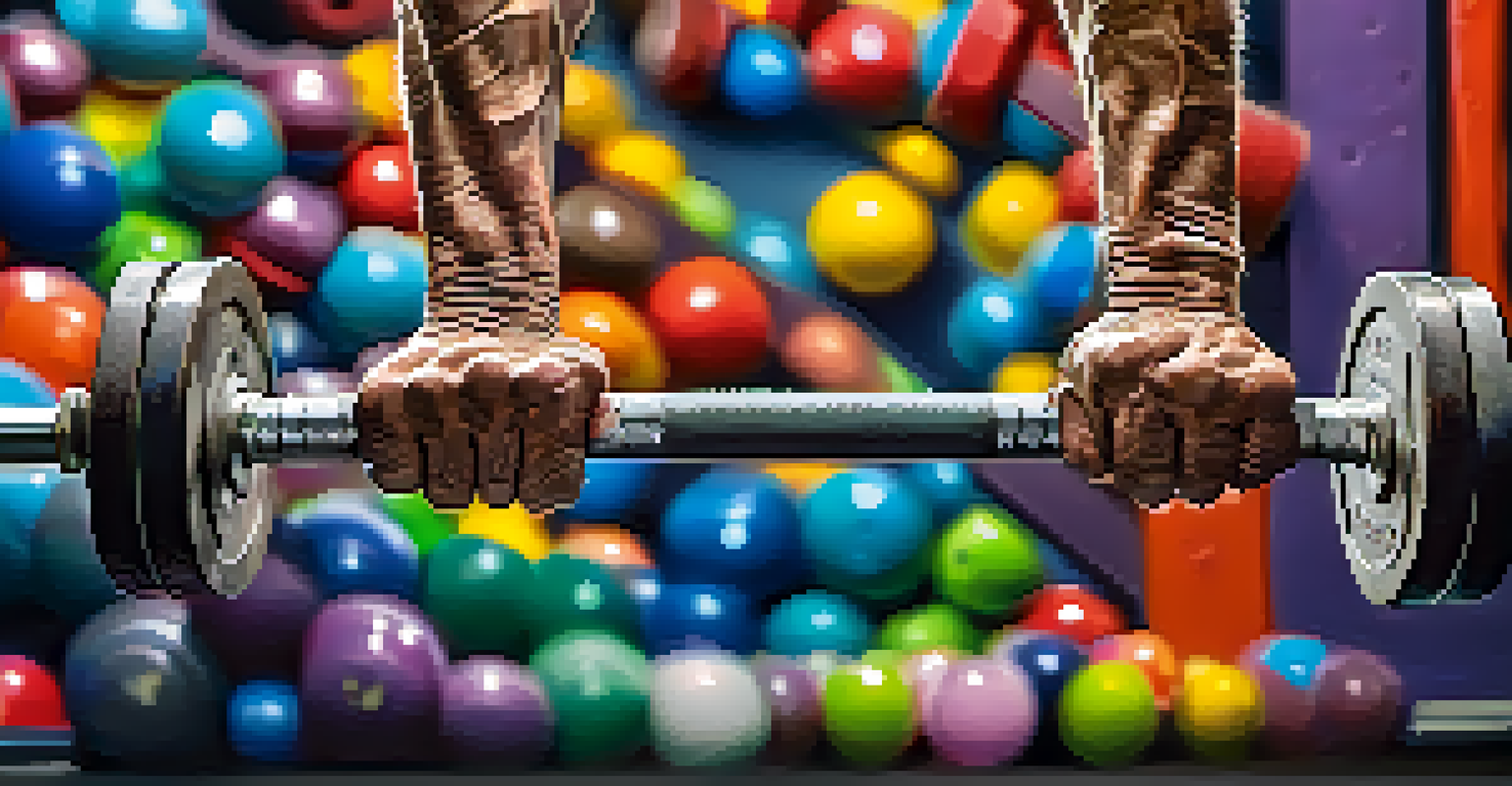 Close-up of a senior man's hands gripping a barbell in a gym, emphasizing strength and focus with a motivational quote in the background.