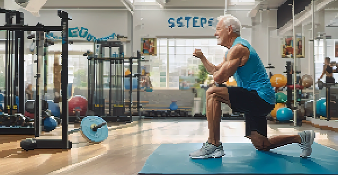 A senior man squatting in a gym with a trainer observing, surrounded by gym equipment and motivational posters.