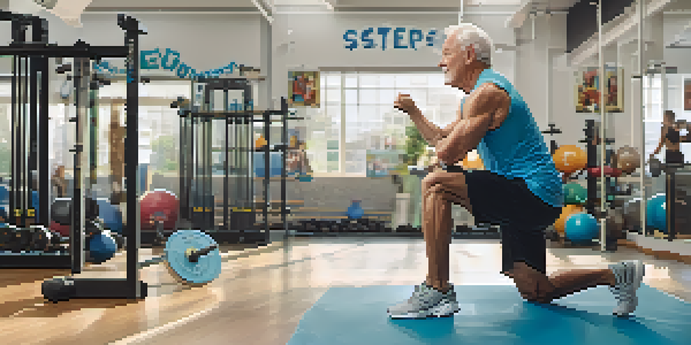 A senior man squatting in a gym with a trainer observing, surrounded by gym equipment and motivational posters.