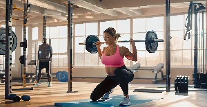 A pregnant woman doing a squat with a barbell in a gym filled with natural light, surrounded by workout equipment.