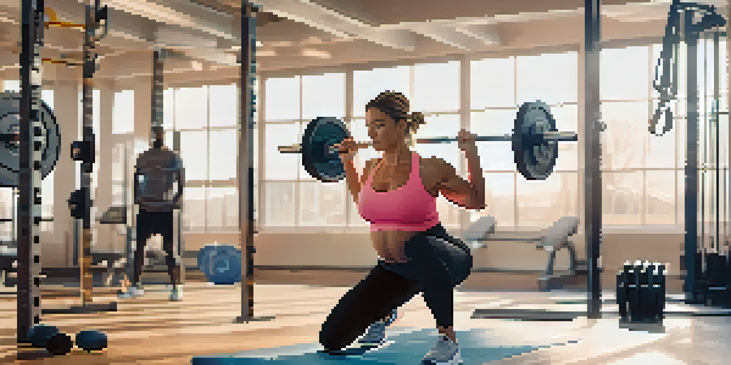 A pregnant woman doing a squat with a barbell in a gym filled with natural light, surrounded by workout equipment.
