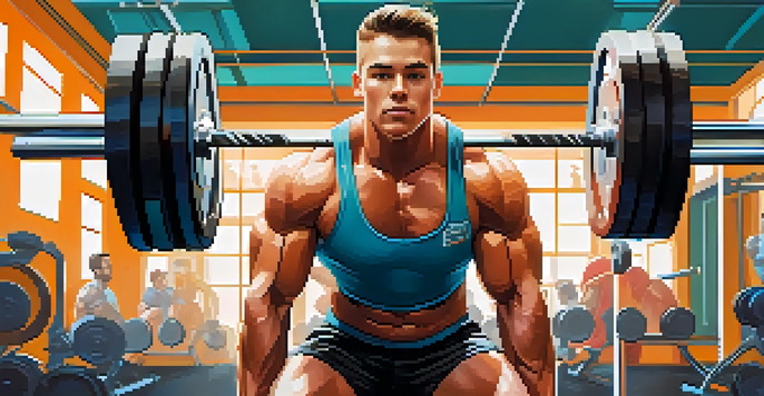 A muscular powerlifter lifting a heavy barbell in a bright gym, showcasing determination with teammates cheering in the background.