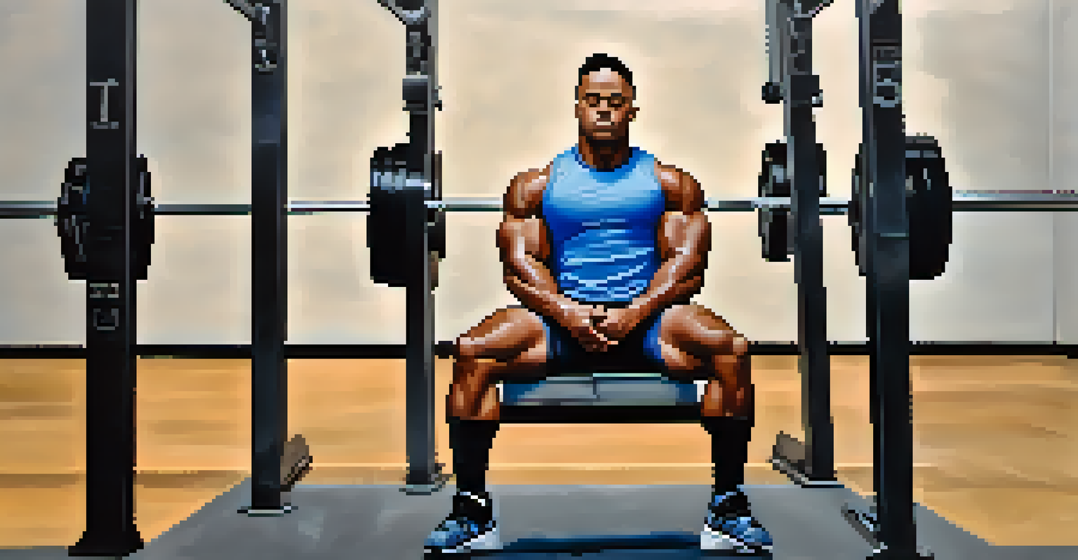A powerlifter visualizing their lift in a calm gym setting, eyes closed, focused.
