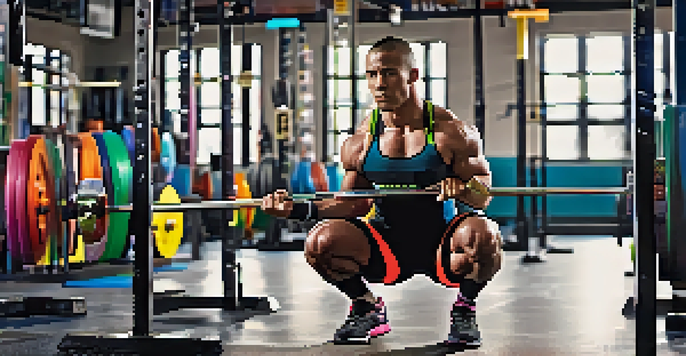A powerlifter performing a squat with resistance bands on a barbell in a gym, showcasing proper form and gym equipment in the background.
