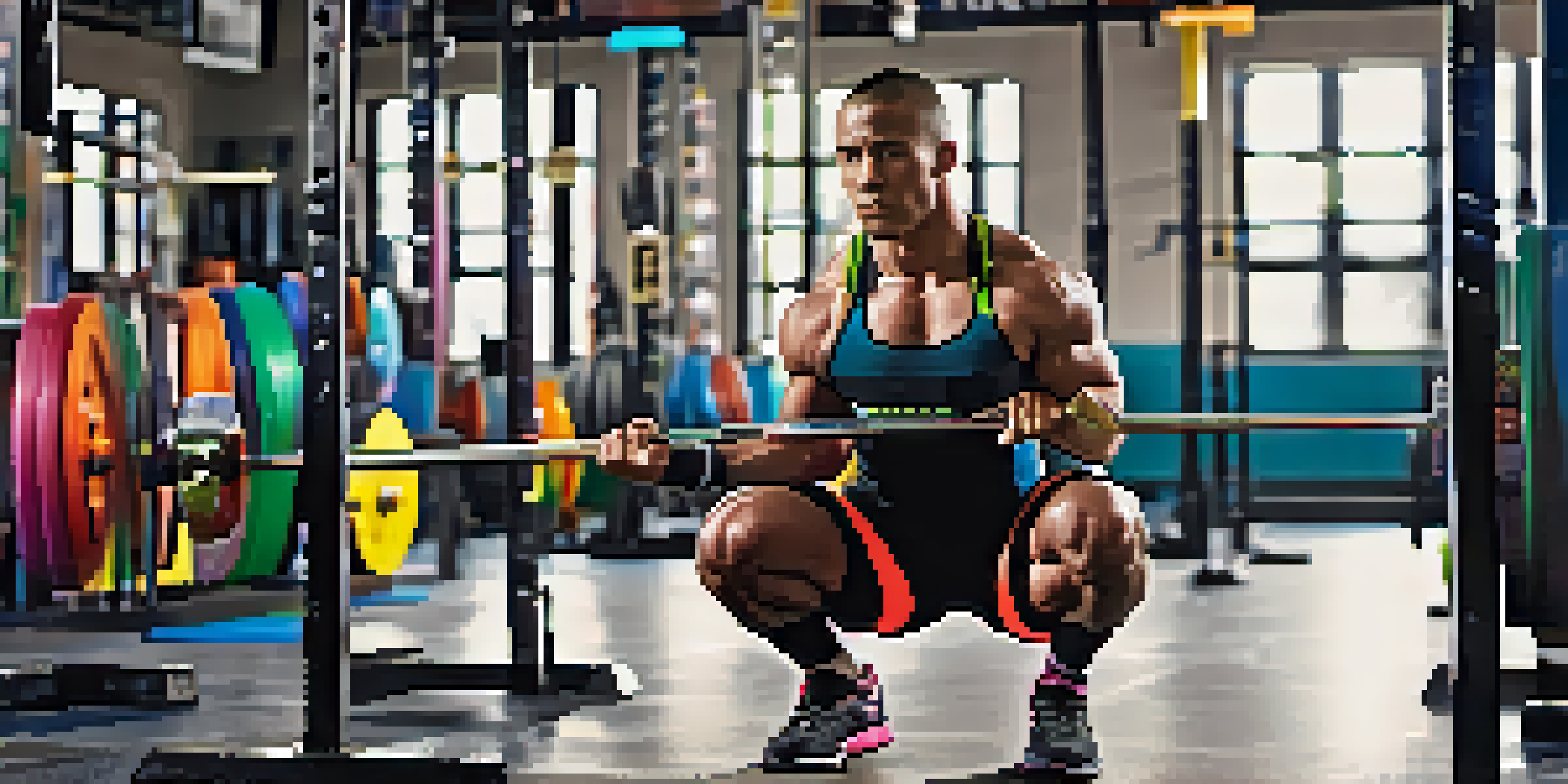 A powerlifter performing a squat with resistance bands on a barbell in a gym, showcasing proper form and gym equipment in the background.