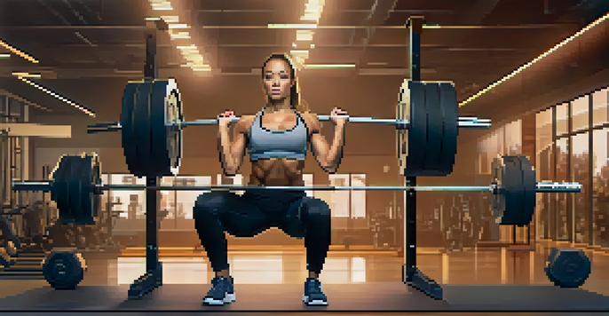 A middle-aged woman performing an overhead squat with a barbell in a bright gym, showcasing determination and focus.