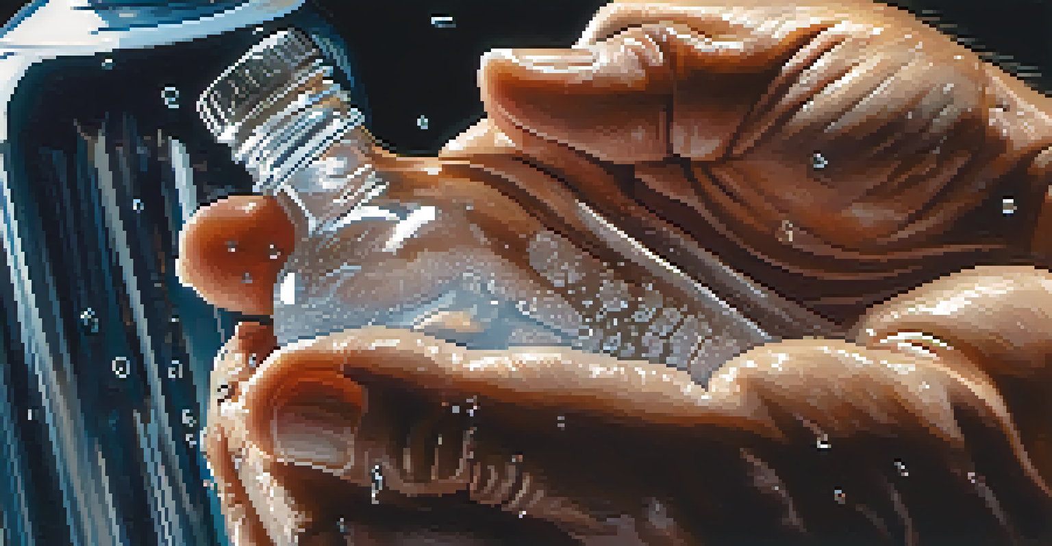 A close-up of a muscular hand gripping a water bottle with condensation.