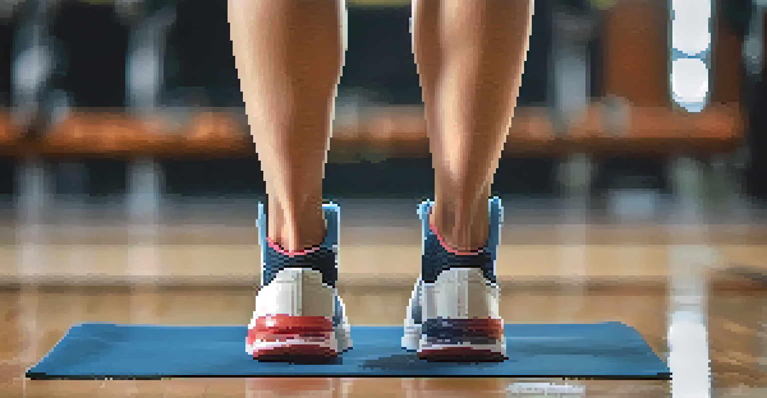 Close-up view of a person's feet positioned correctly during an overhead squat on a gym mat.
