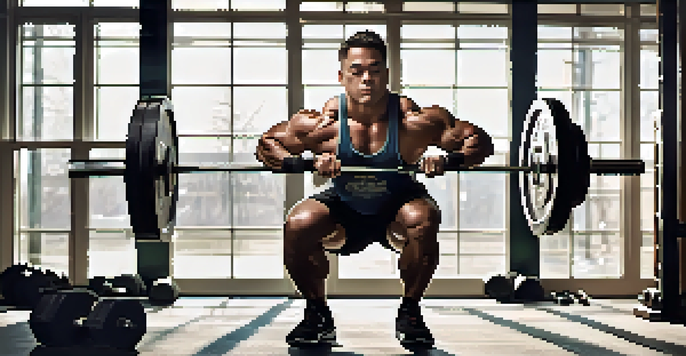 A powerlifter squatting with correct form in a gym, showcasing proper posture and alignment.