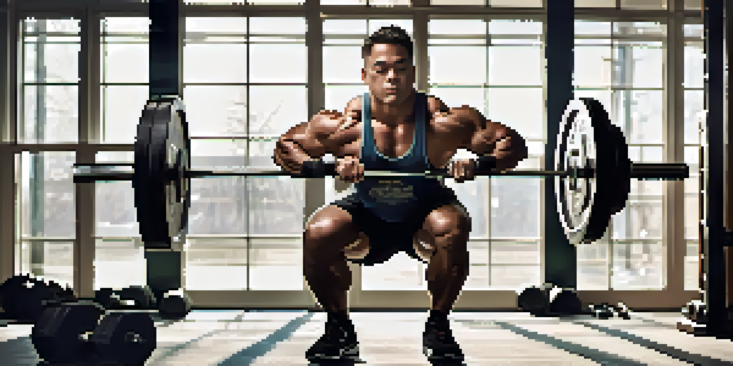A powerlifter squatting with correct form in a gym, showcasing proper posture and alignment.