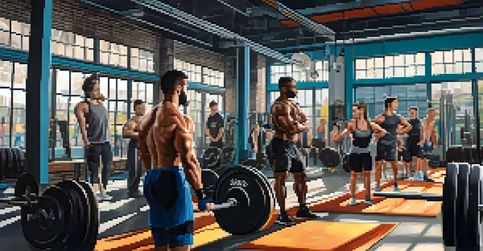 A diverse group of athletes in an indoor gym, showcasing various strength training exercises such as deadlifts and Olympic lifts, with natural light illuminating the space.