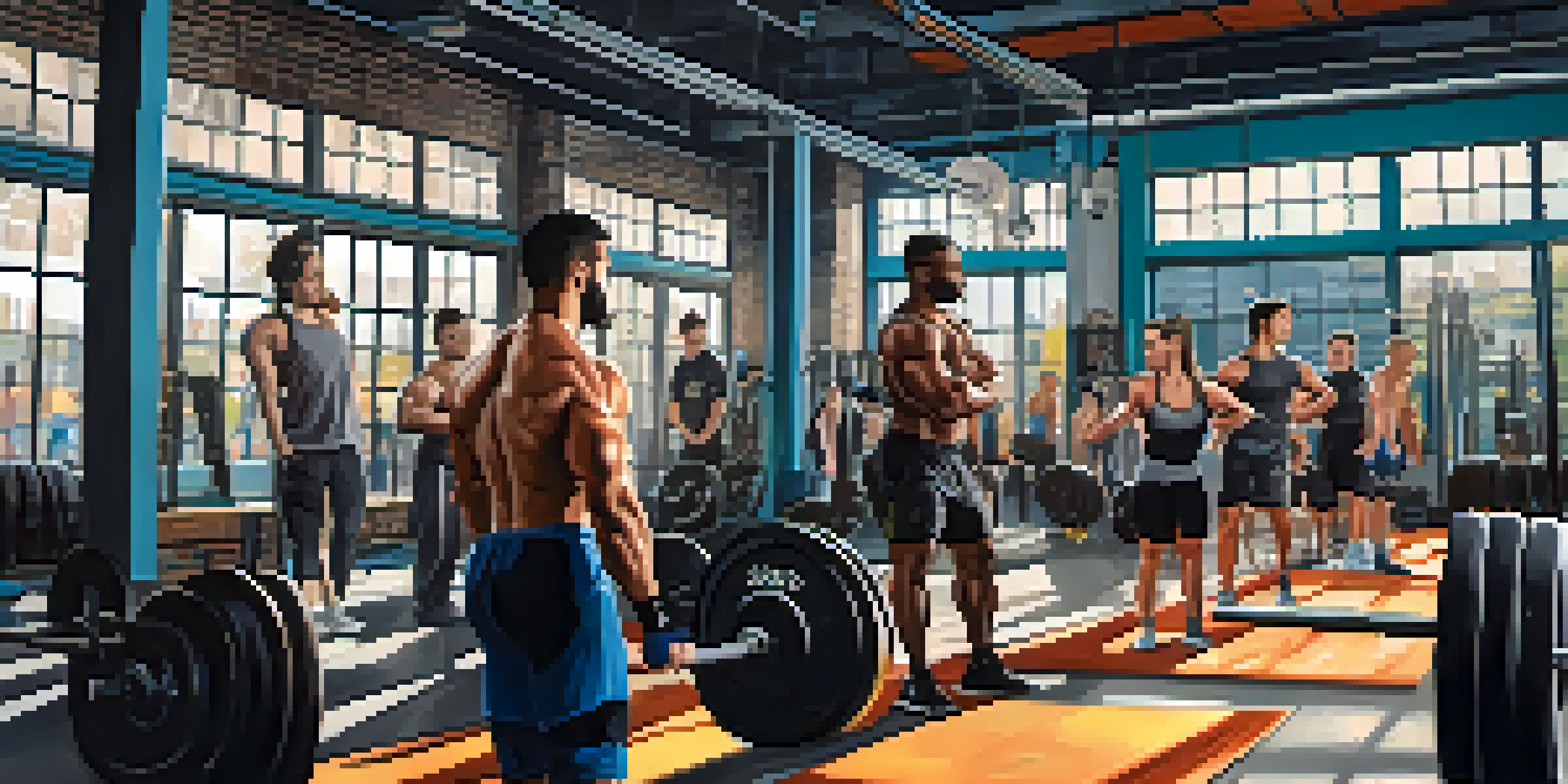 A diverse group of athletes in an indoor gym, showcasing various strength training exercises such as deadlifts and Olympic lifts, with natural light illuminating the space.