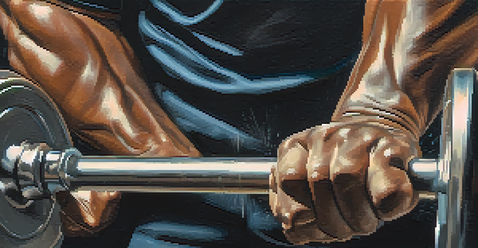 Close-up of a powerlifter's hands gripping a barbell, highlighting the calloused palms and chalk dust against a blurred background.