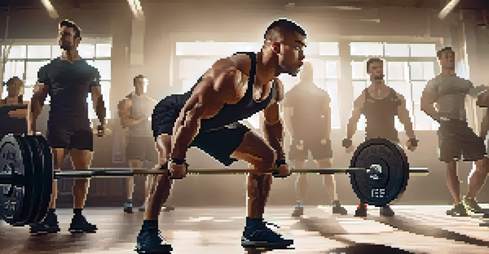 A muscular powerlifting athlete deadlifting in a bright gym, with teammates cheering in the background and gym equipment around.