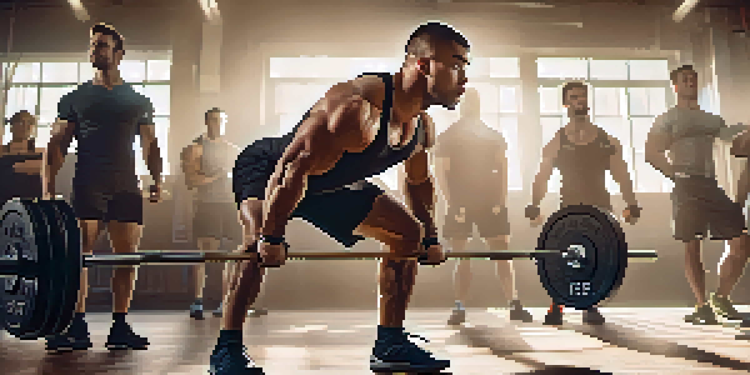 A muscular powerlifting athlete deadlifting in a bright gym, with teammates cheering in the background and gym equipment around.