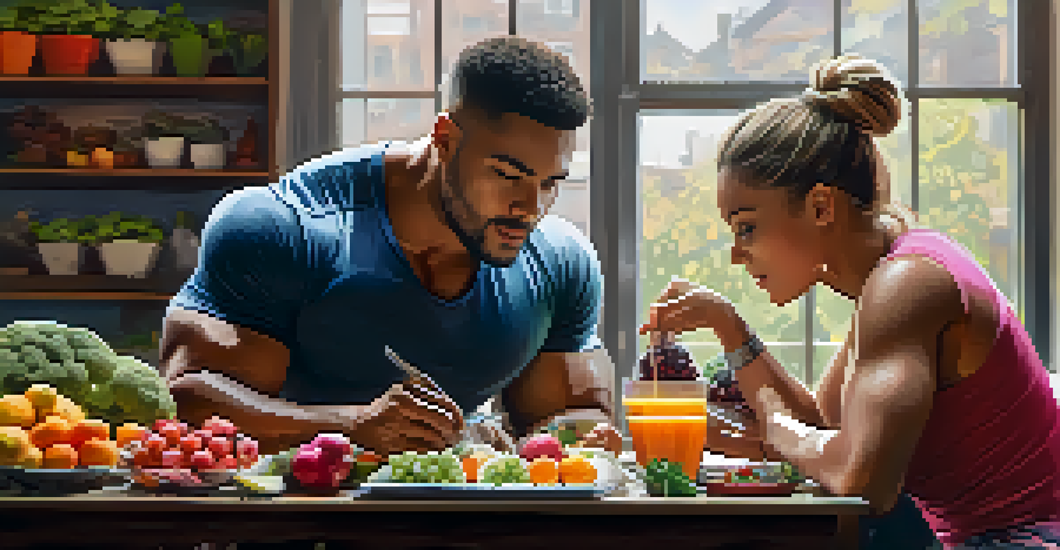 A nutrition coach discussing a meal plan with a powerlifting athlete, surrounded by healthy foods.