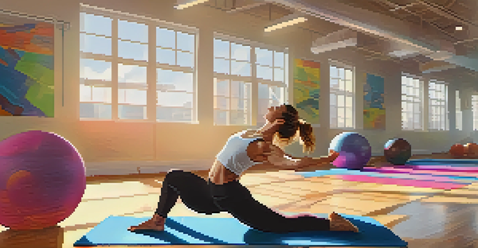 An athlete stretching on a yoga mat in a sunlit gym with colorful fitness equipment around.