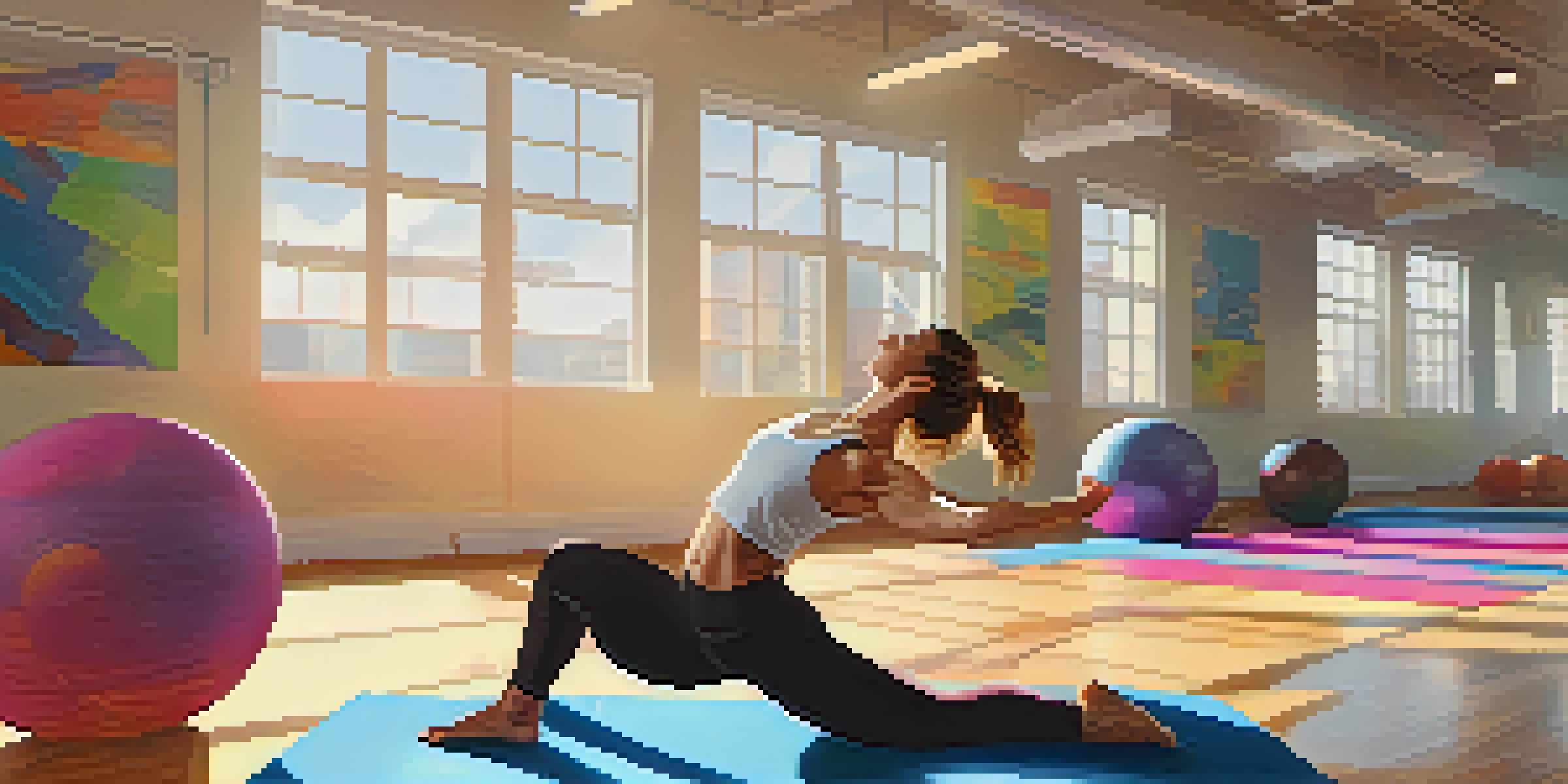 An athlete stretching on a yoga mat in a sunlit gym with colorful fitness equipment around.