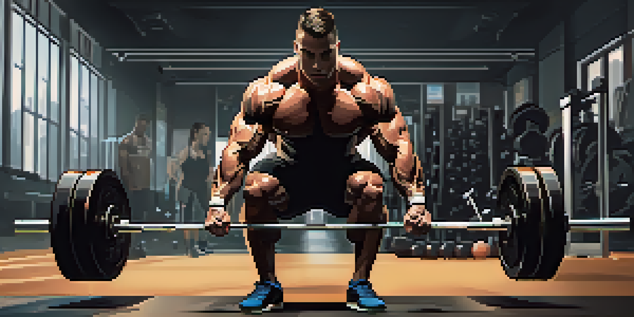 A muscular athlete lifting a heavy barbell in a gym, showcasing determination and strength.