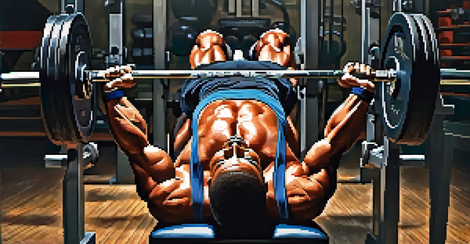 A powerlifter focusing on their technique while bench pressing in a bright gym, highlighting their muscular build and the barbell in front of them.