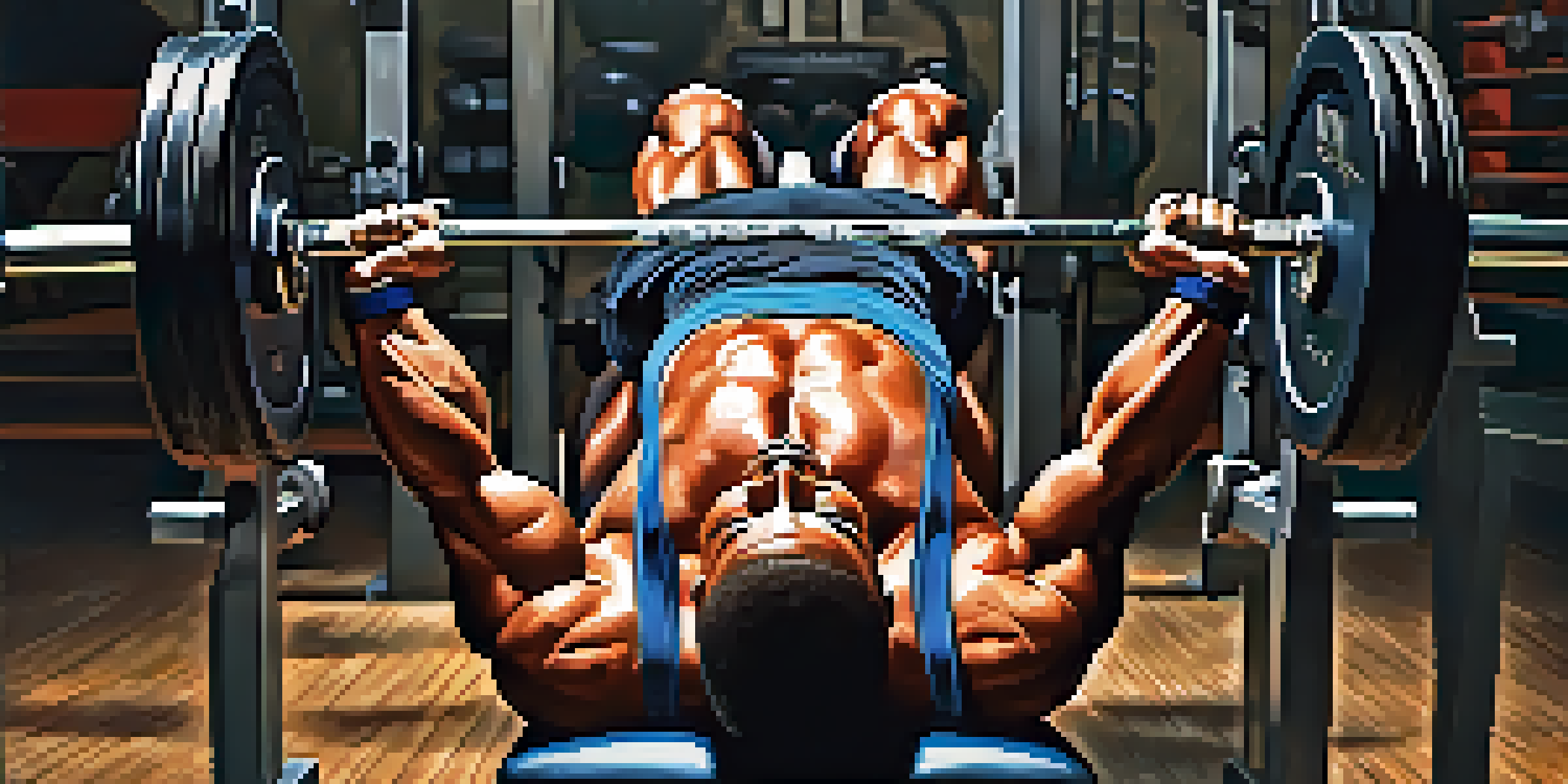 A powerlifter focusing on their technique while bench pressing in a bright gym, highlighting their muscular build and the barbell in front of them.