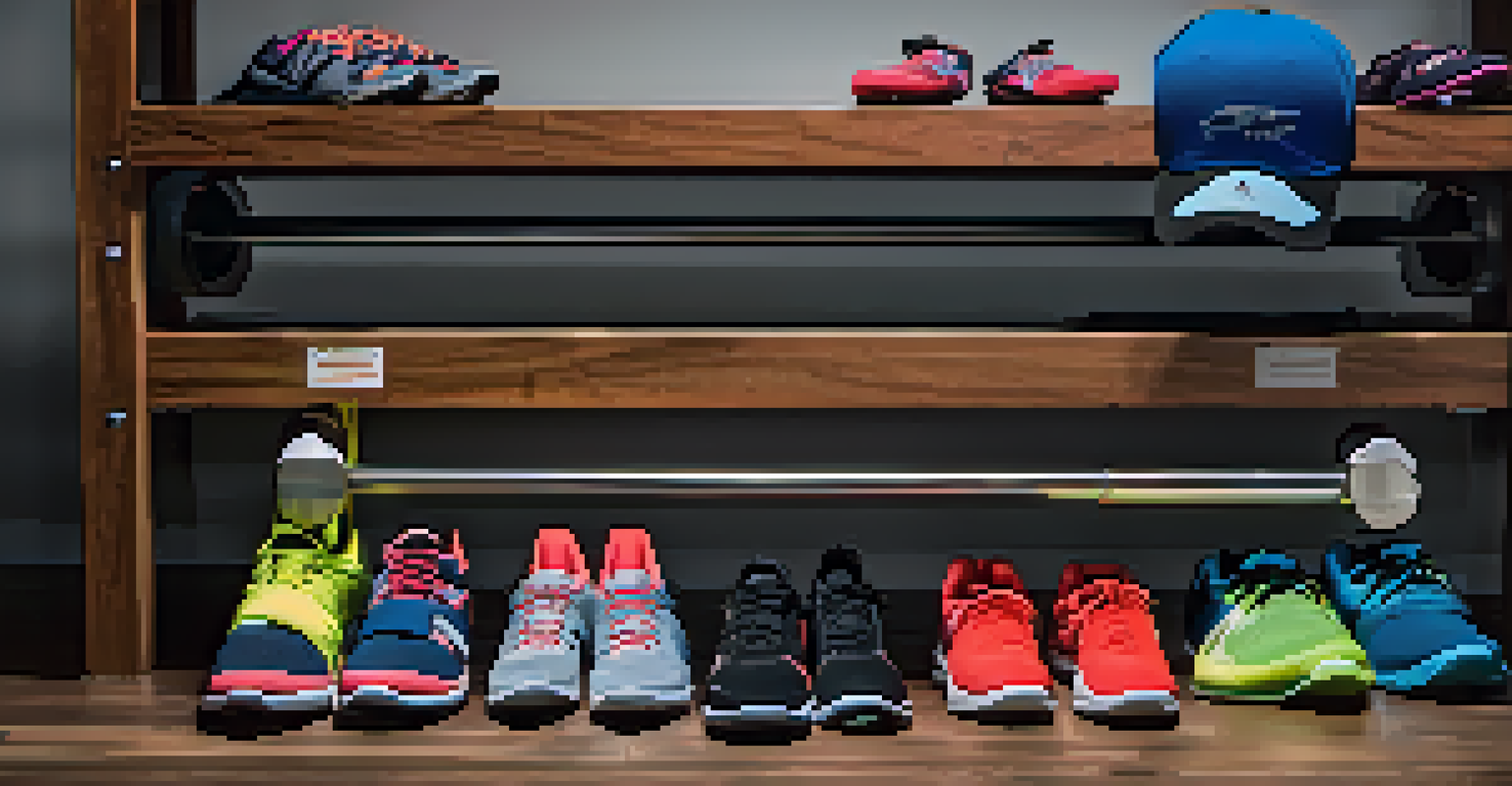 A neatly organized display of powerlifting gear including shoes and straps on a gym bench, showcasing vibrant colors and textures.