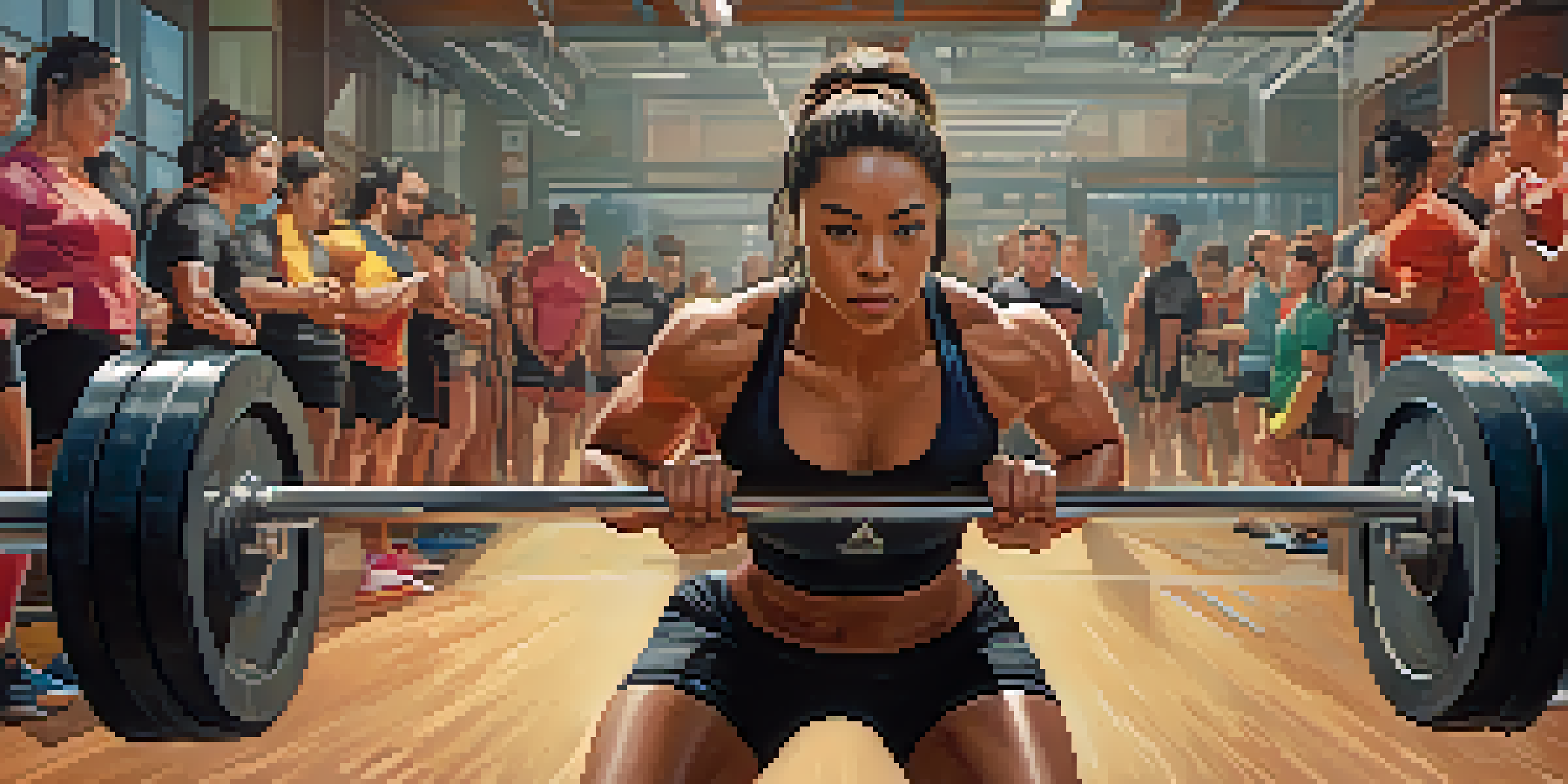 A female powerlifter focused on lifting a heavy barbell in a gym, surrounded by supportive teammates.