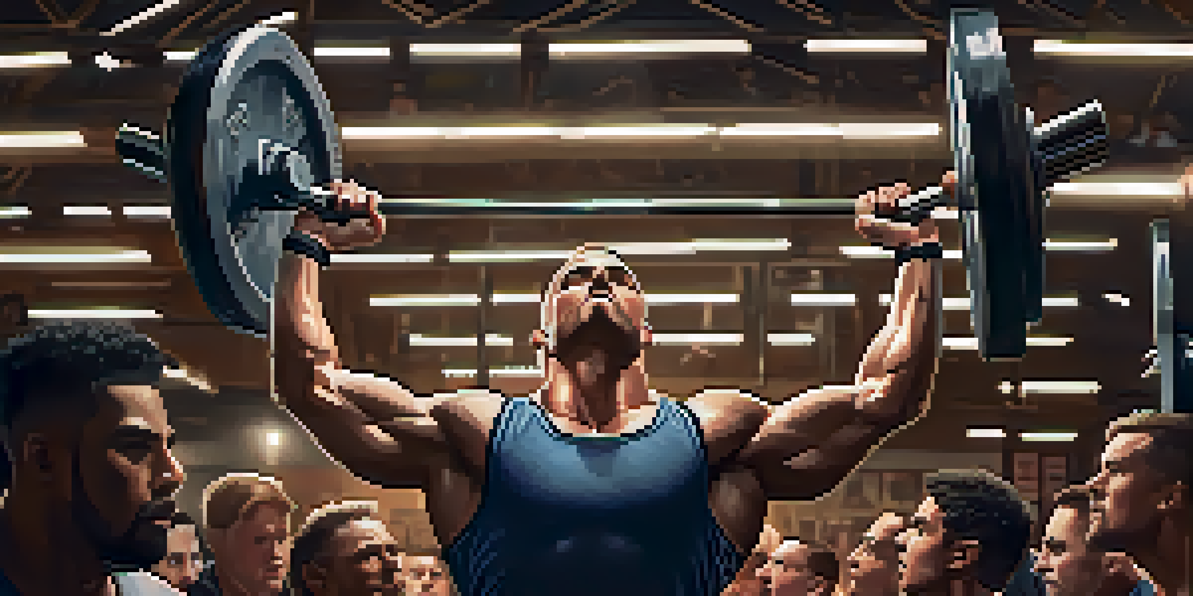 A powerlifter lifting a heavy barbell in a gym, with friends and coaches supporting them, showcasing intensity and determination.