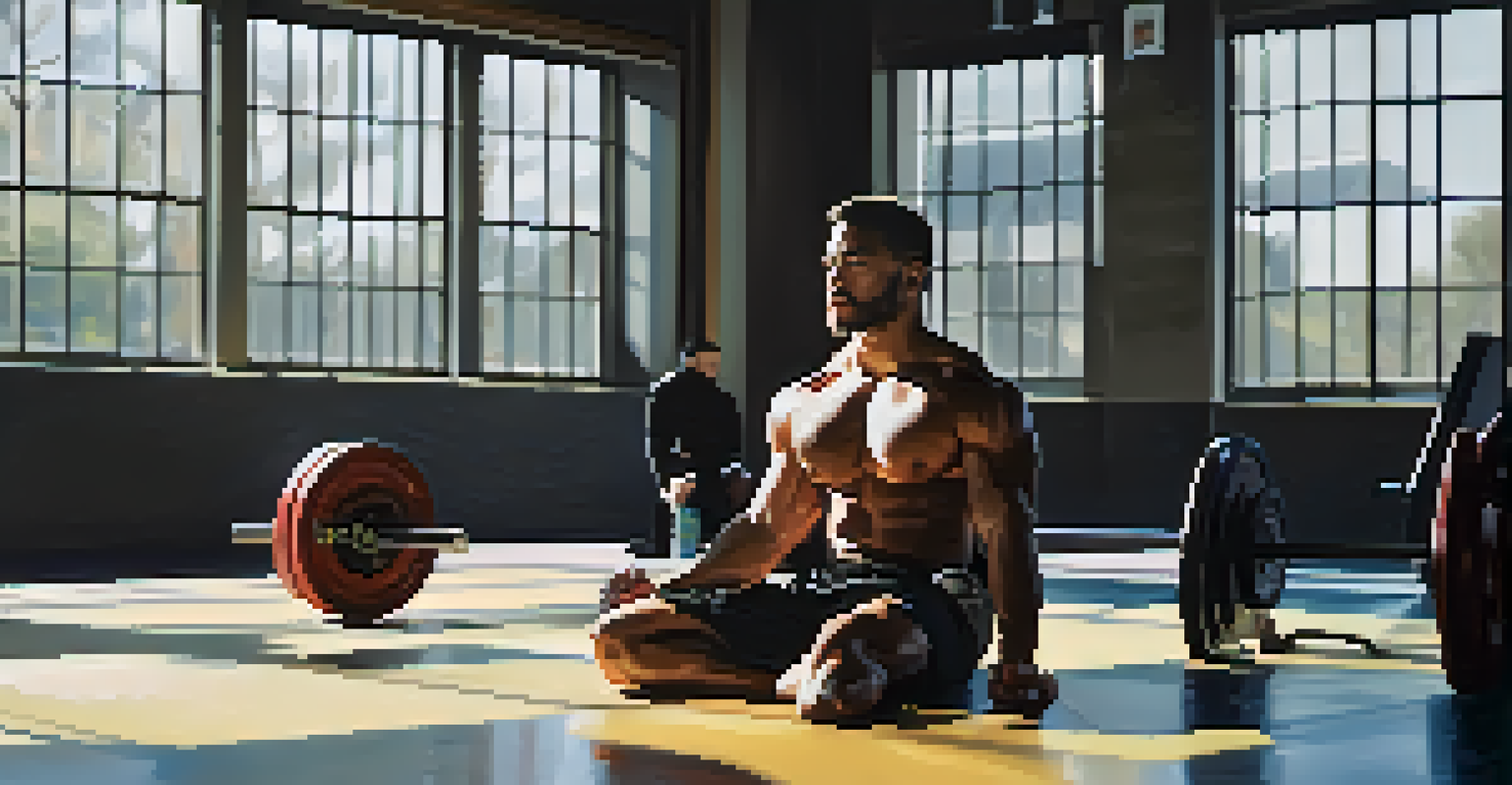 A lifter practicing mindfulness in a gym, sitting cross-legged with a calm expression.