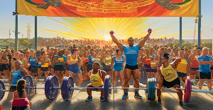 A powerlifting charity event with diverse participants lifting weights and spectators cheering in a vibrant outdoor setting during sunset.