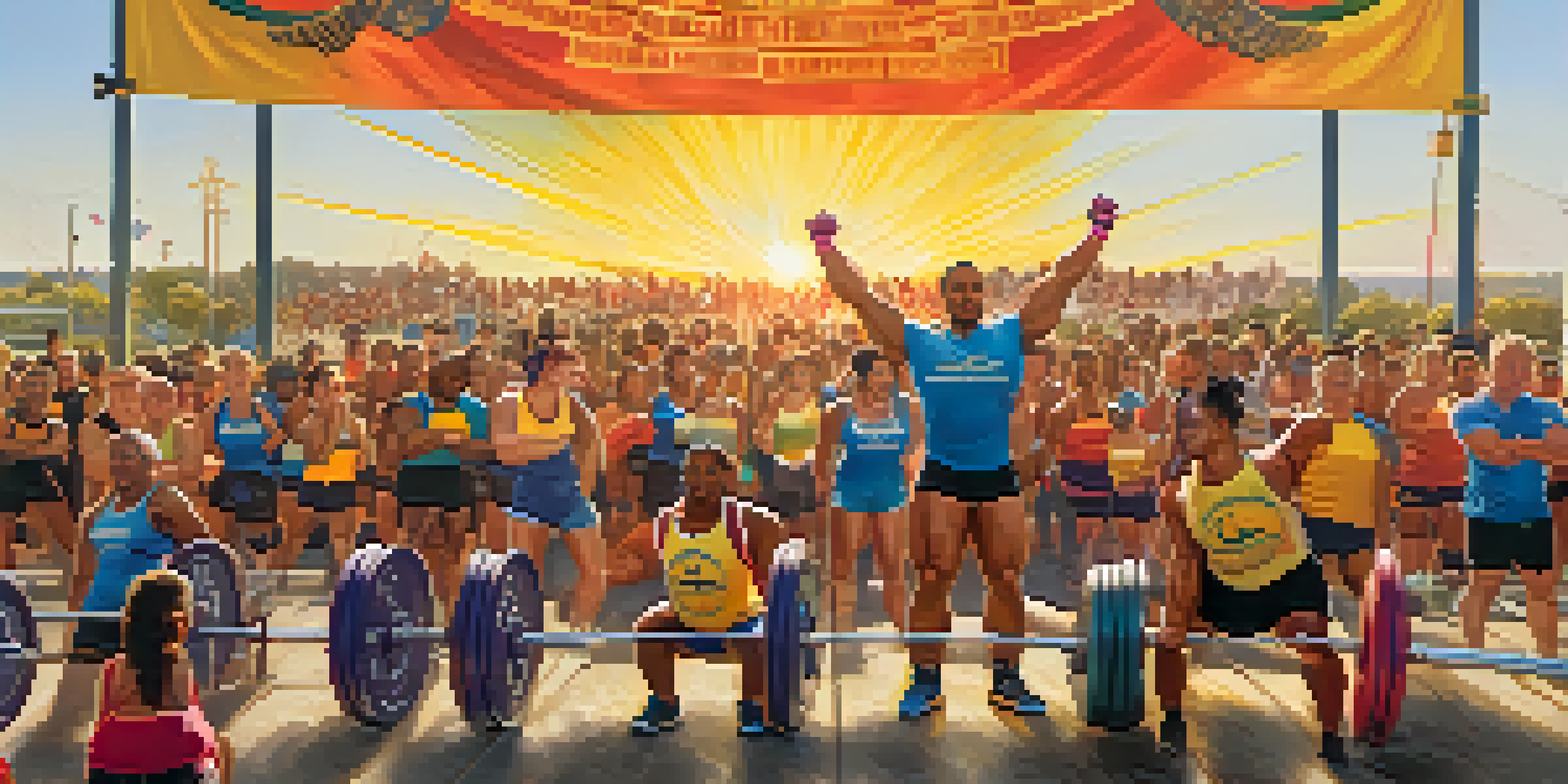 A powerlifting charity event with diverse participants lifting weights and spectators cheering in a vibrant outdoor setting during sunset.