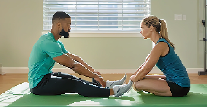 A physical therapist assisting a patient with a bodyweight squat in a rehabilitation clinic, highlighting proper form and support.