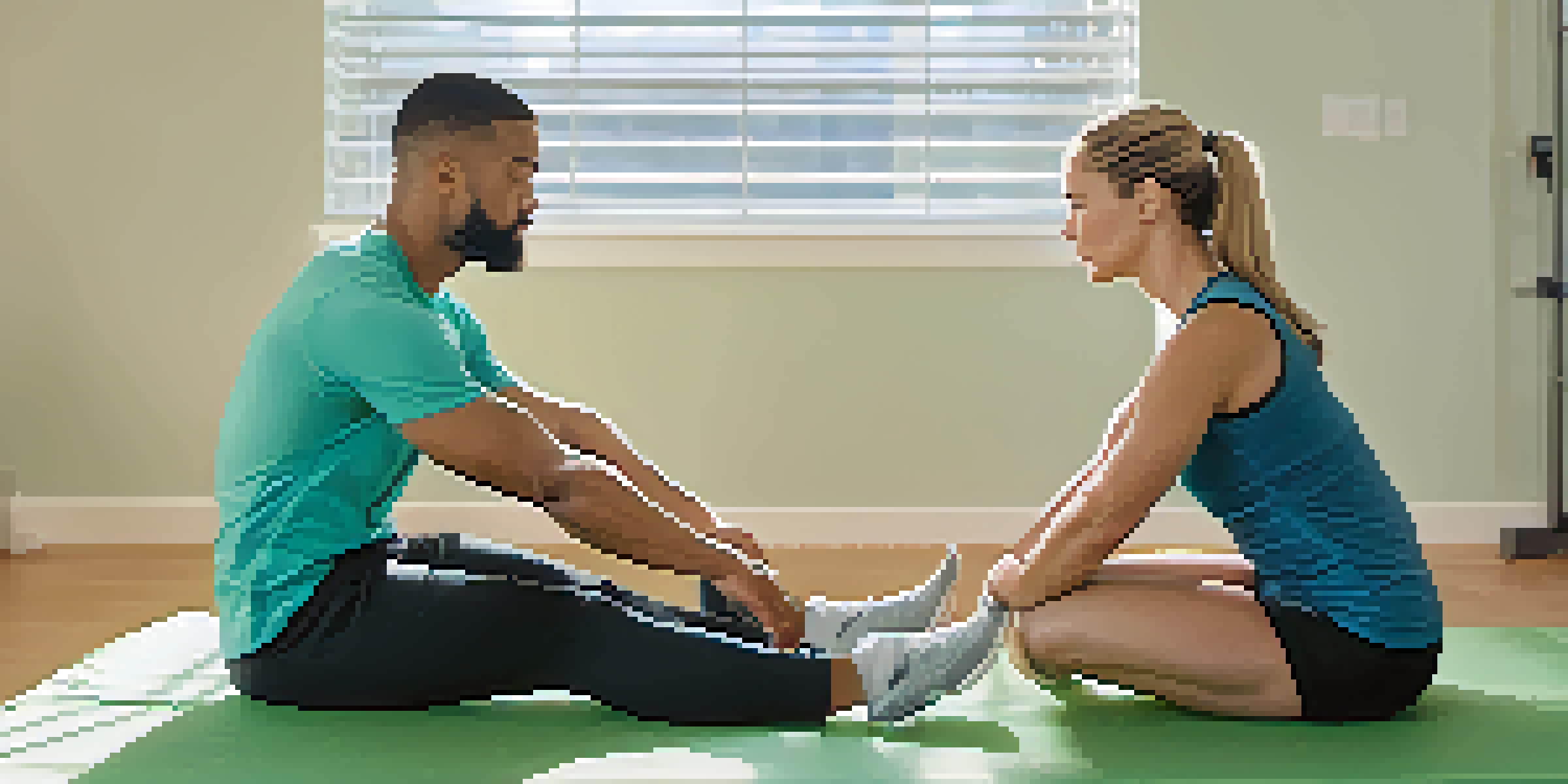A physical therapist assisting a patient with a bodyweight squat in a rehabilitation clinic, highlighting proper form and support.