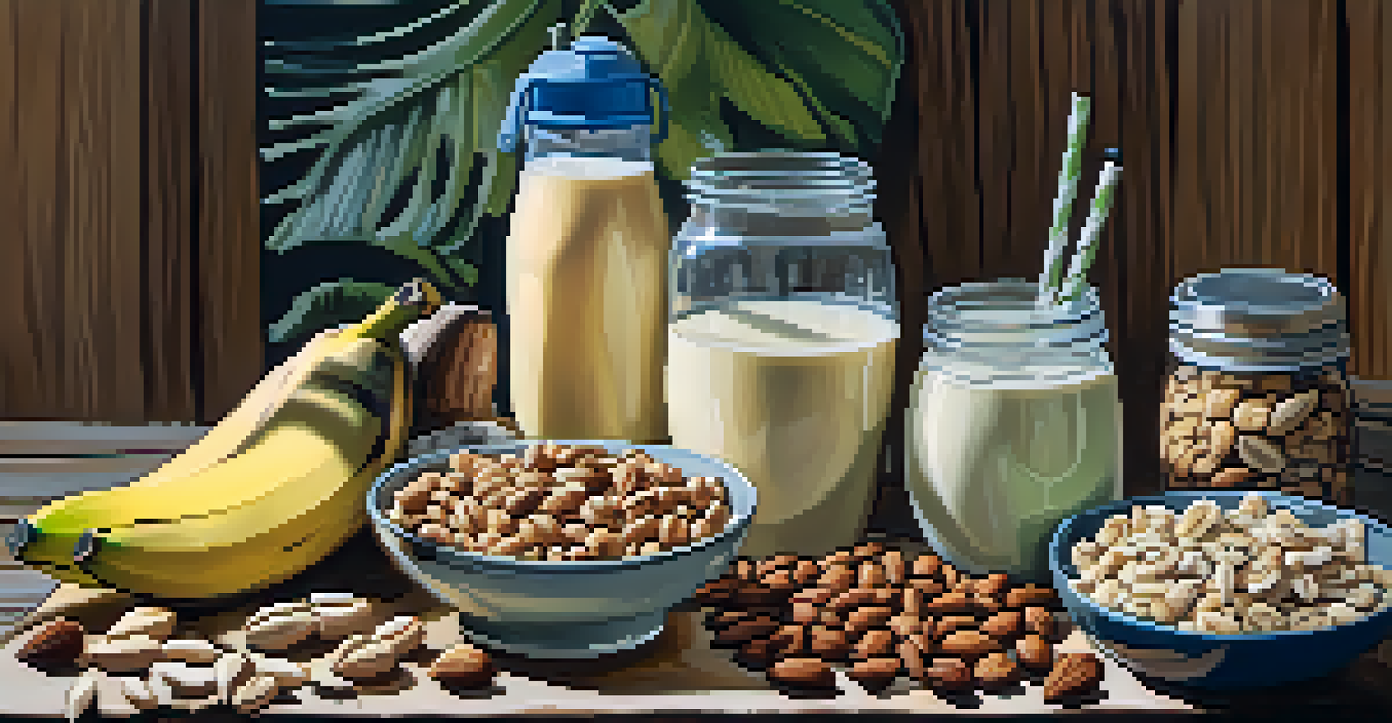 A table with a protein shake, banana, and mixed nuts, representing healthy post-workout nutrition.