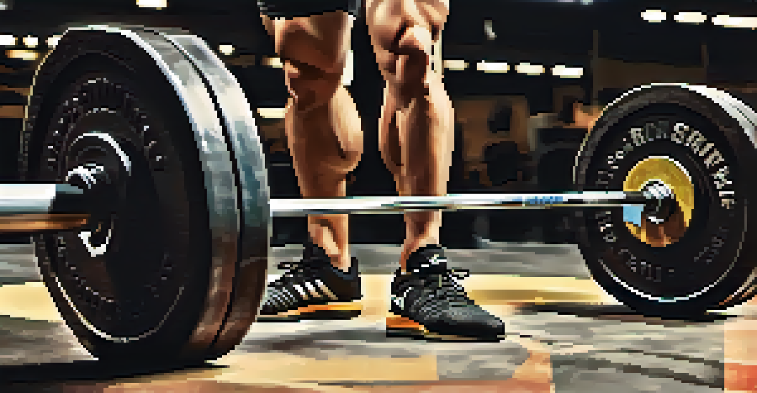 Close-up of a powerlifter's feet in proper deadlift position on the barbell, with gym equipment in the background.