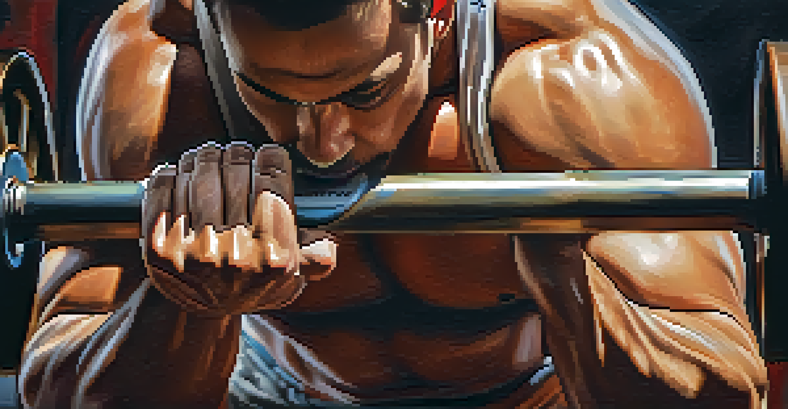 Close-up of a powerlifter's hands gripping a barbell, showcasing texture and strength.