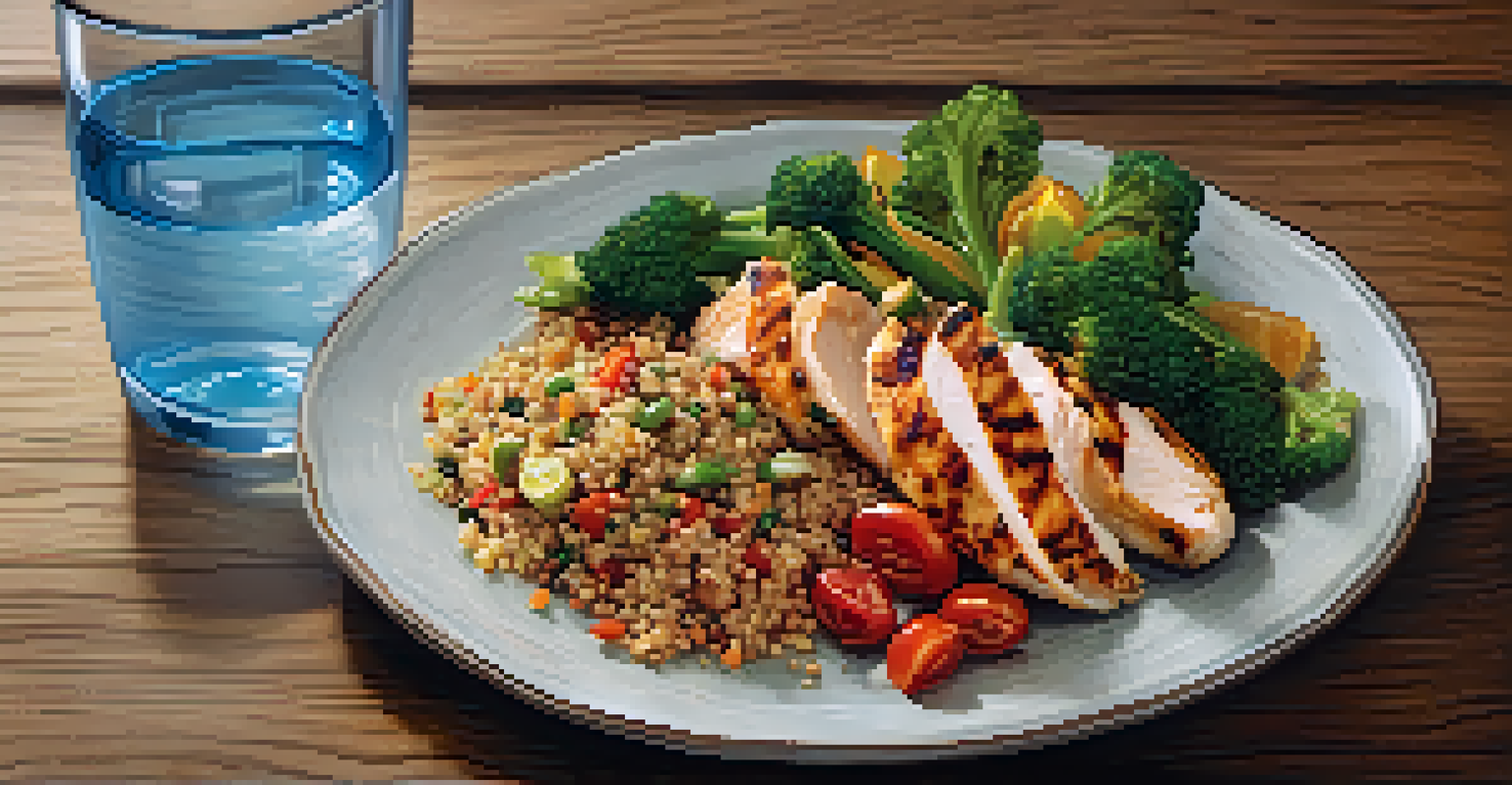 A close-up of a healthy meal with grilled chicken, quinoa, and vegetables on a wooden table, illuminated by soft lighting.