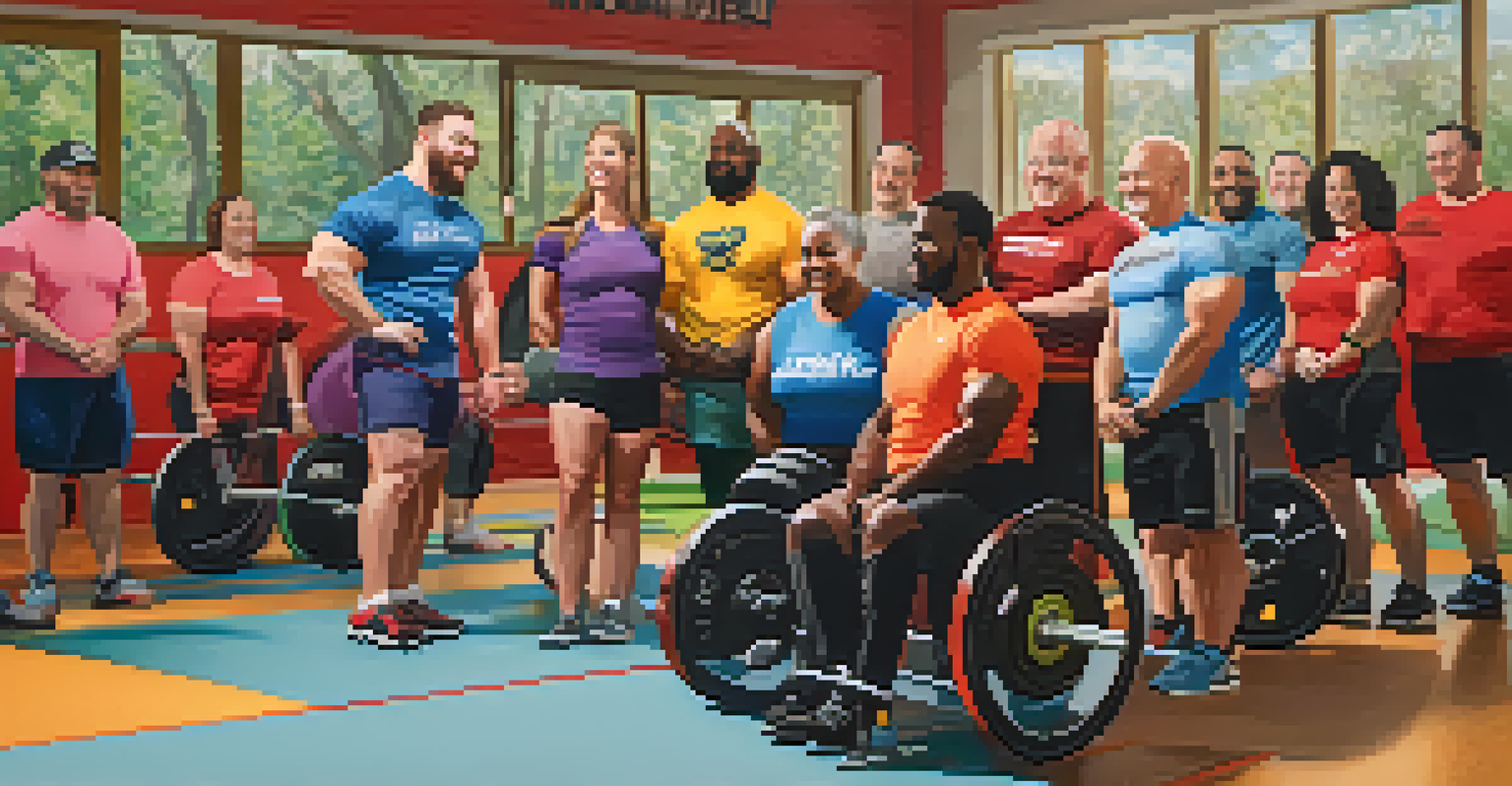 A diverse group of powerlifters, including those with mobility challenges, sharing experiences and encouragement in a colorful, friendly gym environment.