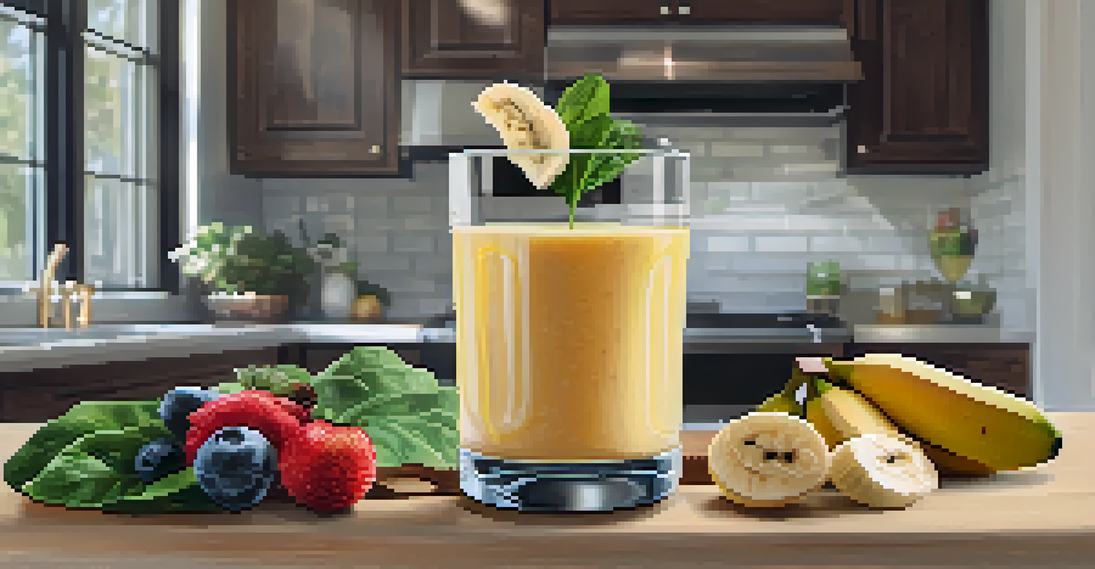 A smoothie made of banana and spinach on a kitchen counter, surrounded by fresh fruits.