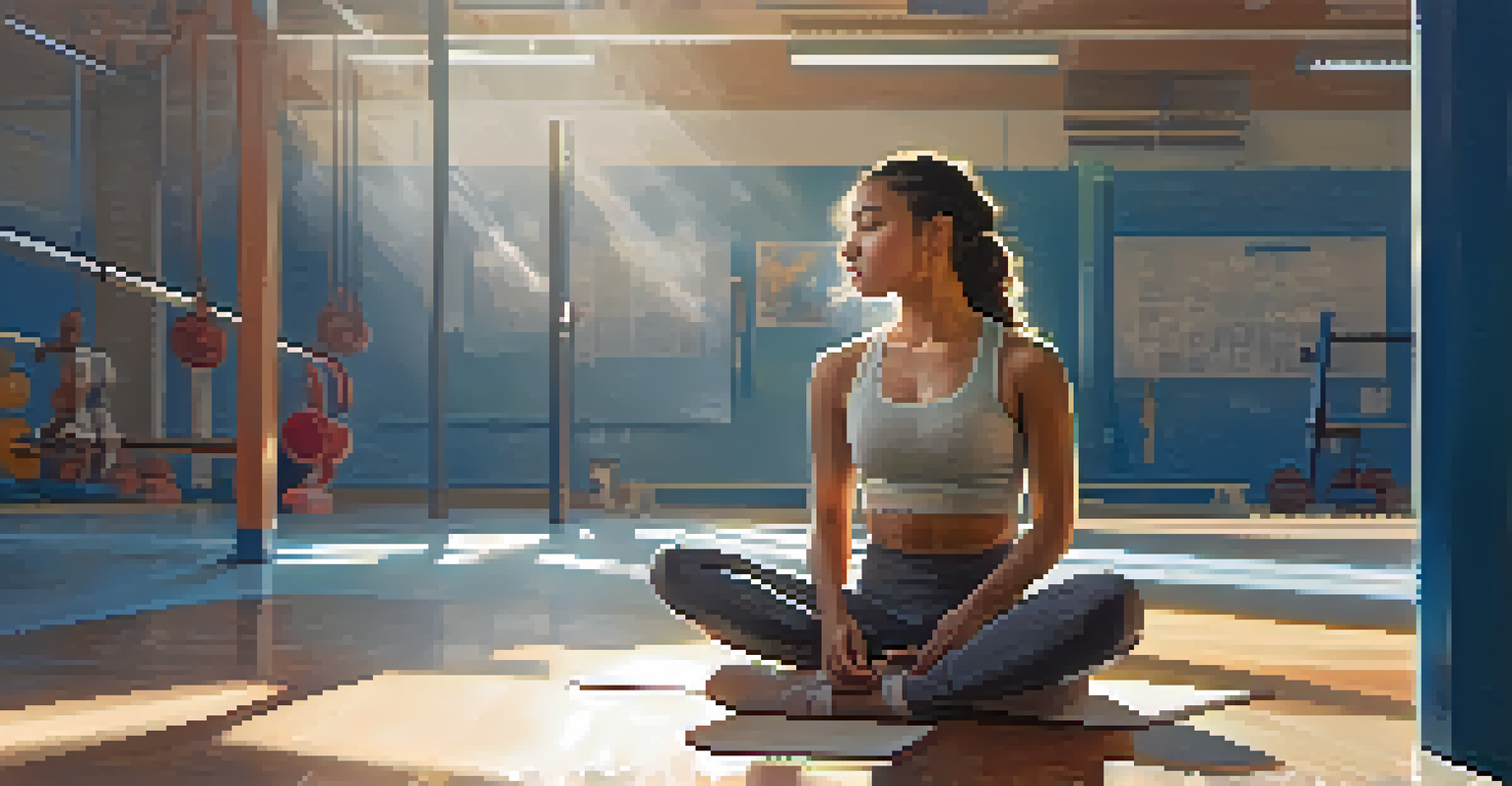 A young woman sitting cross-legged on a gym floor, practicing mindfulness breathing with a serene expression in a softly lit environment.