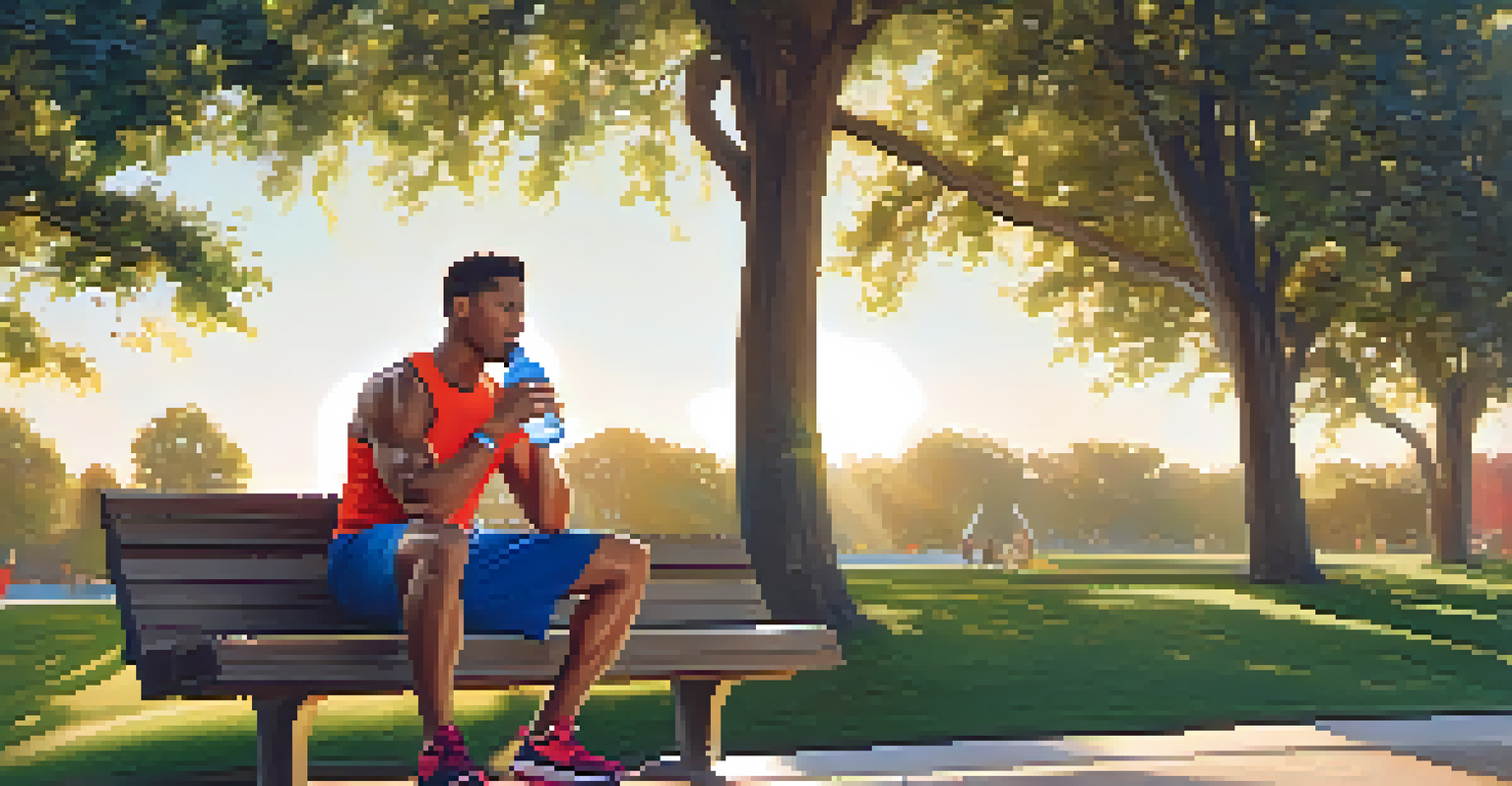 A person in workout clothes sitting on a bench, drinking water in a sunny park.