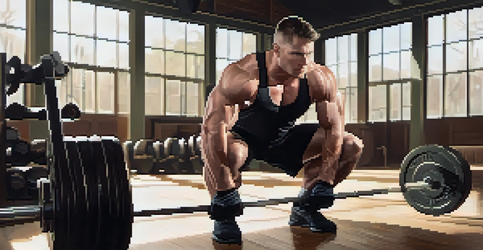 A muscular powerlifter preparing for a heavy squat in a well-lit gym, showcasing determination and strength.