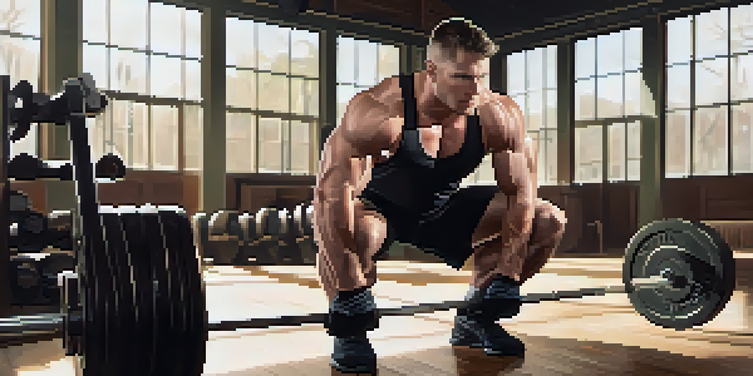 A muscular powerlifter preparing for a heavy squat in a well-lit gym, showcasing determination and strength.