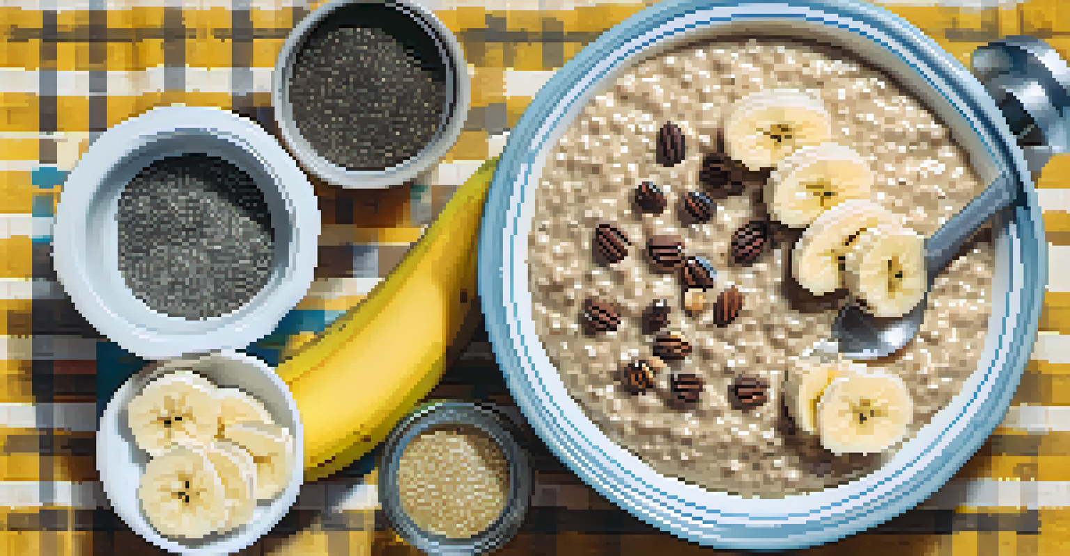 A bowl of oatmeal with banana and nut butter on a table, next to a glass of water and a dumbbell.