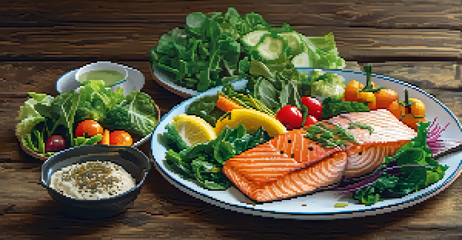 A colorful and nutritious plate of food featuring salmon and vegetables, emphasizing healthy eating.
