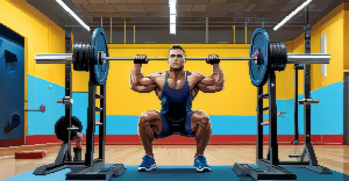 A person with mobility issues performing a squat using an adaptive squat rack in a well-lit gym, surrounded by weights and supportive equipment, displaying determination.