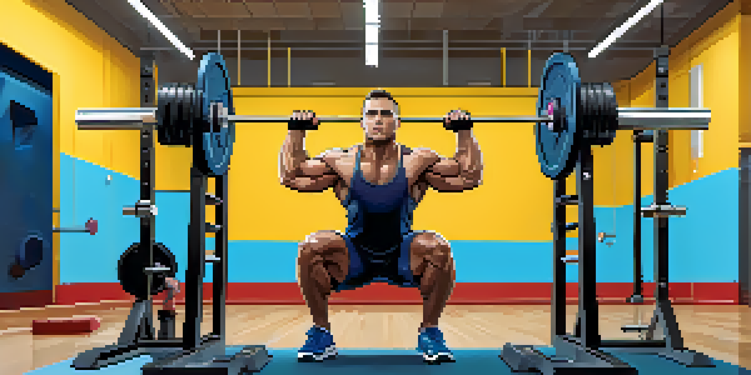 A person with mobility issues performing a squat using an adaptive squat rack in a well-lit gym, surrounded by weights and supportive equipment, displaying determination.