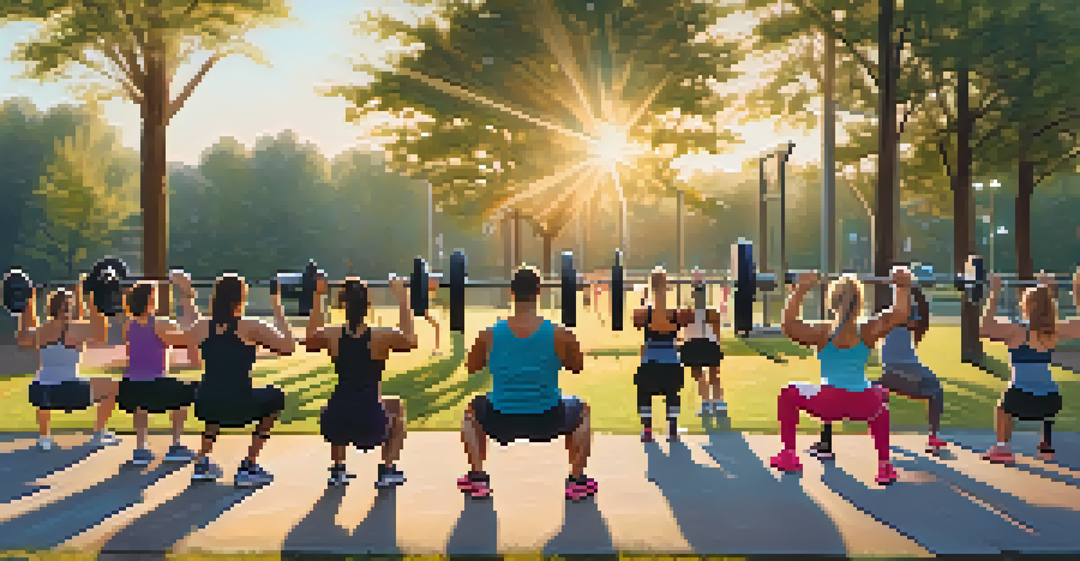 A diverse group of individuals performing front squats outdoors in a park during a fitness class, with a sunset backdrop.