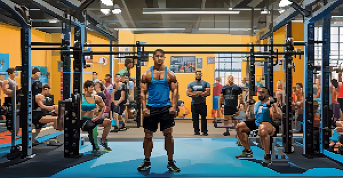 A diverse group of athletes training together in a brightly lit powerlifting gym, with specialized equipment and a supportive atmosphere.